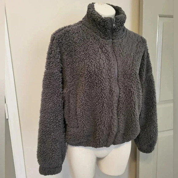 Urban Outfitters Willow Fuzzy Charcoal Drawstring Teddy Zipper Sherpa Jacket(M) - Picture 5 of 13